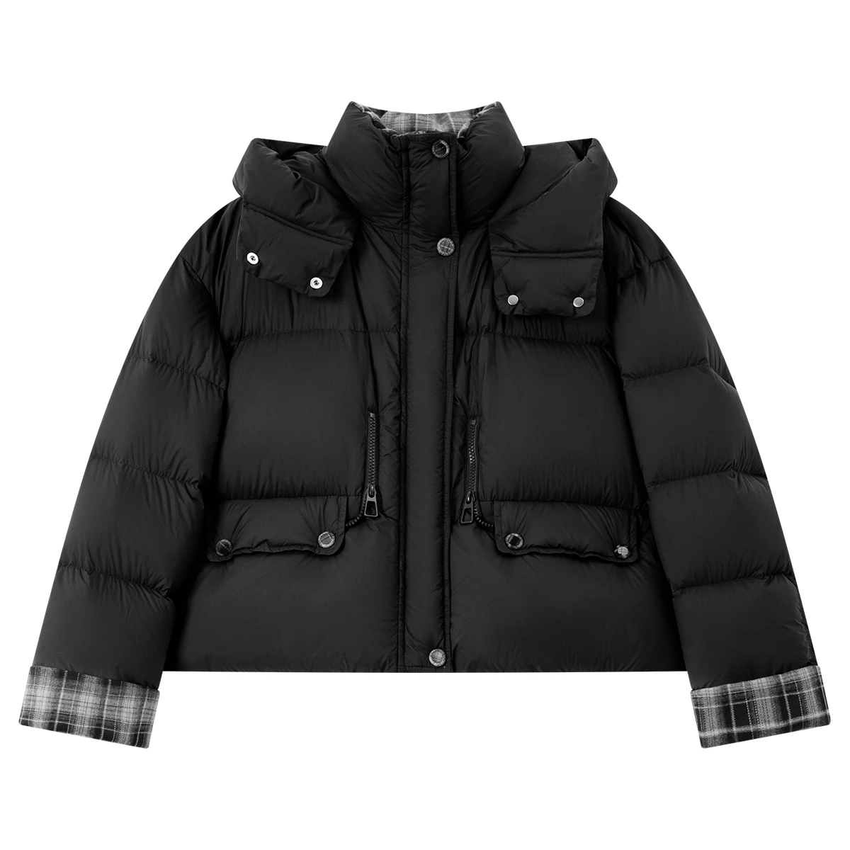 VIMLY レディース ブラック ダウンコート オフィスレディ チェック柄 スプライス カフス フード付きコート 冬 2025 ジップアップ 長袖 女性用ジャケット 50859