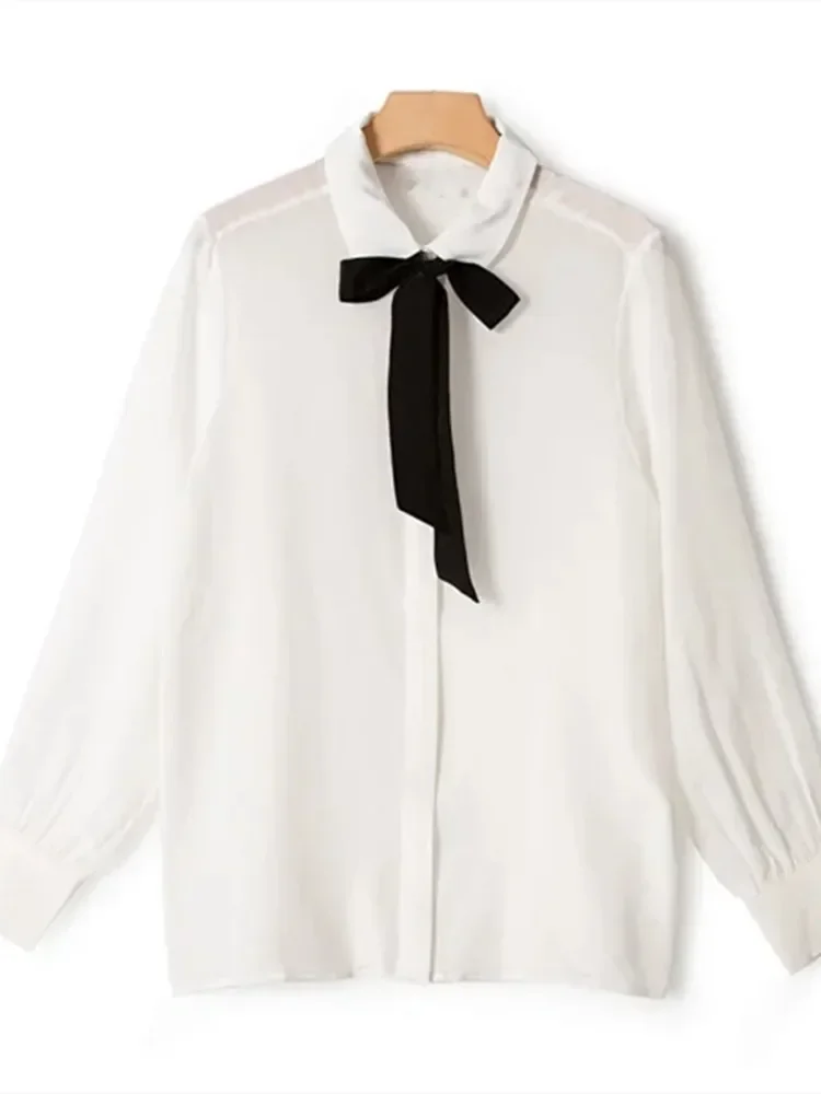 

2023 Summer Women Elegant White Blouse With Black Tie Belt Contrast Color Ladies Long Sleeve Silk Office Wear Shirt Top