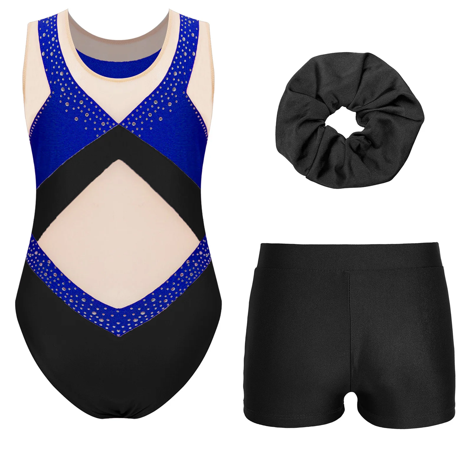 Kids Girls Ballet Gymnastics Sets Sparkling Rhinestones Color Block Leotard with V-front Waistband Shorts And Hair Band