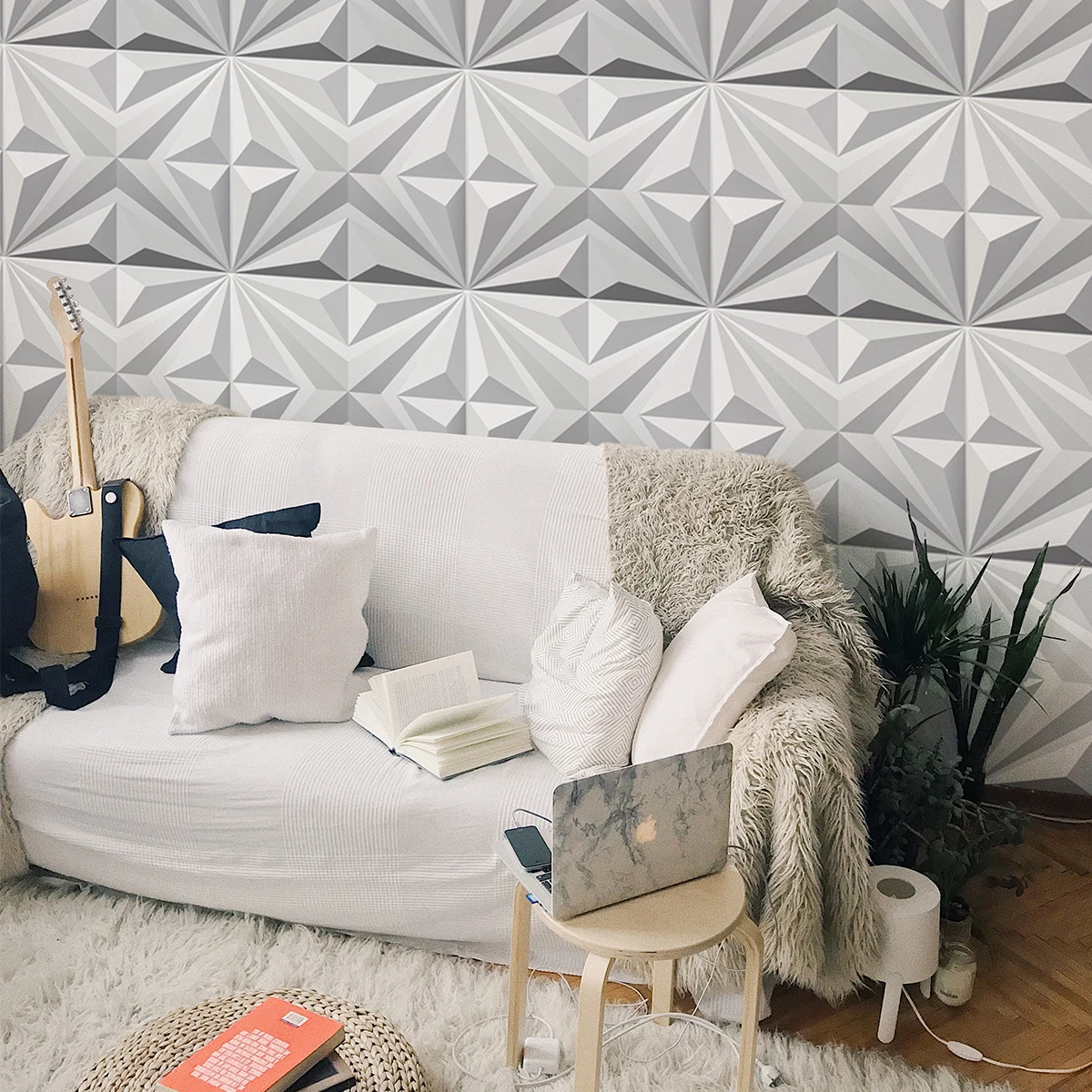 50x50cm PVC 3D Wall Panels Star Textured White for Living Room Bedroom TV Background Ceiling Pack of 12 Tiles