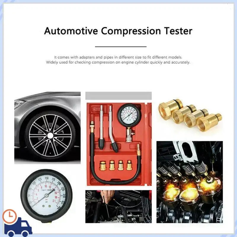Durable 8Pcs Petrol Engine Cylinder Compression Tester Kit Gauge Tool For Automotive