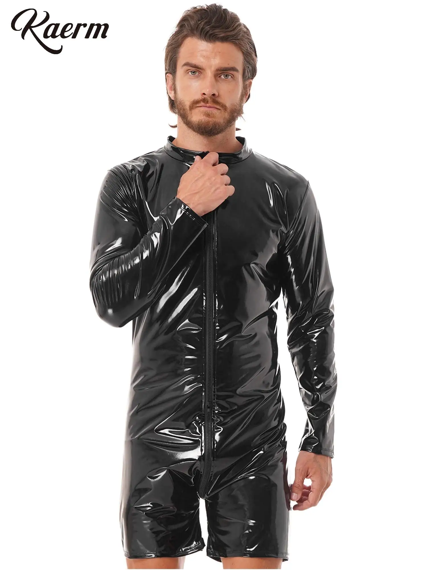 Mens Wet Look Shiny Patent Leather Romper Zippered Crotch Jumpsuit Wet Look Long Sleeve Bodysuit Club Stage Performance Costume