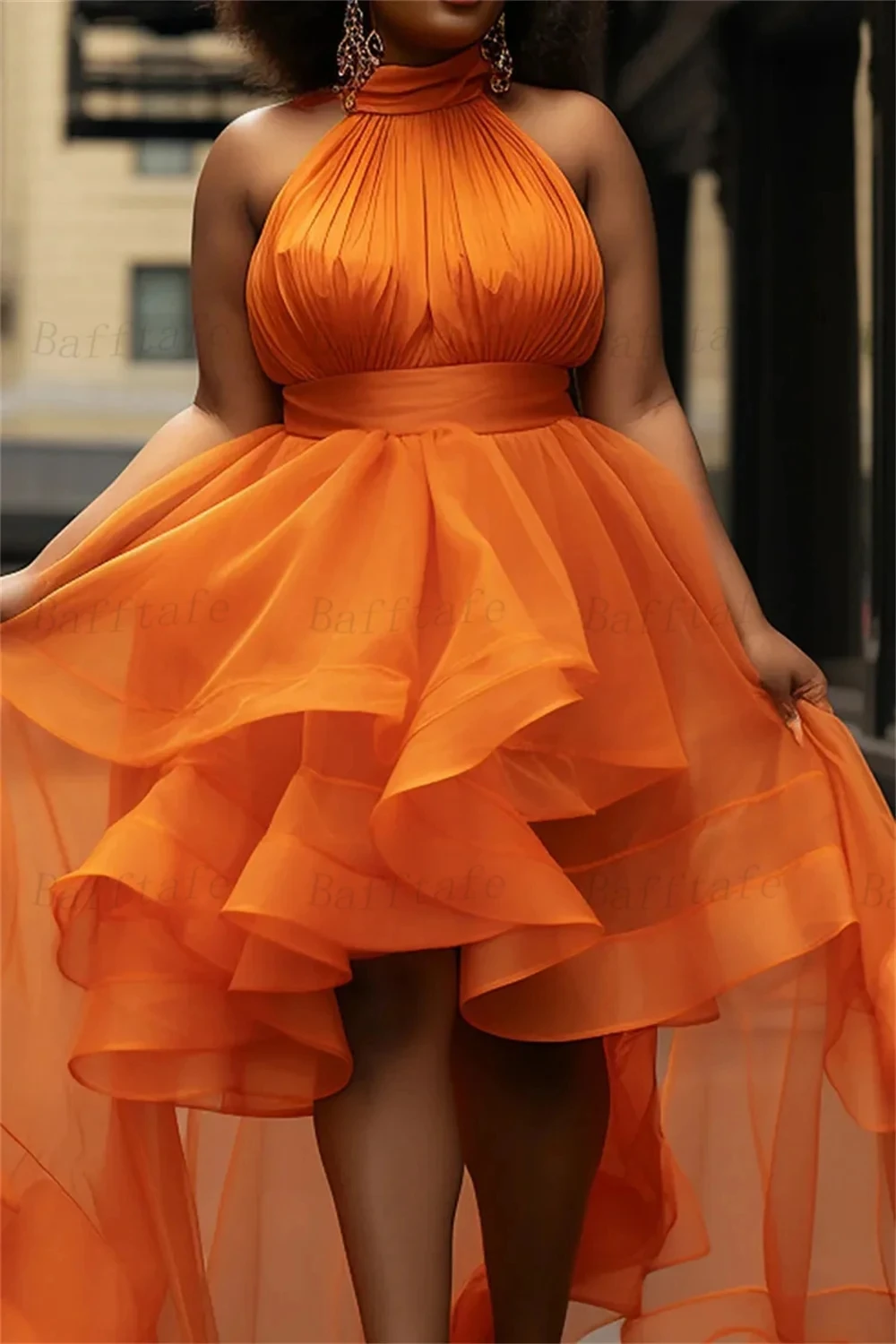 2025, sexy orangefarbenes Organza-Abschlussballkleid, Neckholder, abgestuft, A-Linie, High-Low-Abend, formelle Partykleider, Kleider, Vestidos De Festa