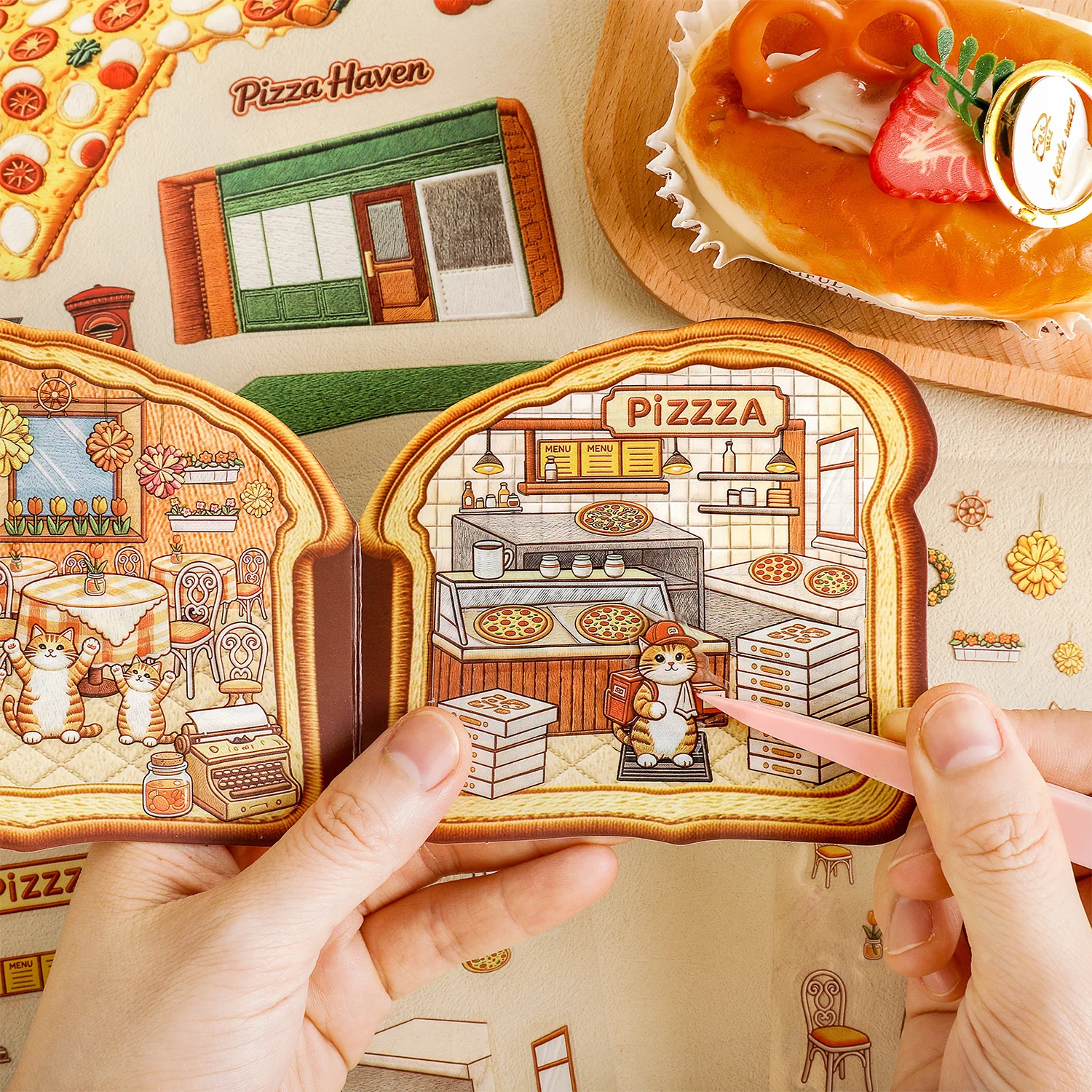 4 Style Afternoon Building Series Landscape PET Stickers Pizza Dessert Clothing Shop Micro Scene Sticker for DIY Scrapbook Decor