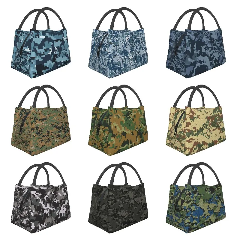 

Navy Blue Digital Camouflage Insulated Lunch Bags for Women Military Army Tactical Camo Thermal Cooler Lunch Box Work Picnic