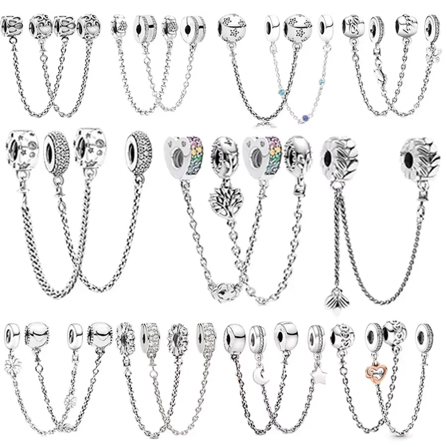 Women Jewelry Sparkling Pavé & Heart Family Tree Safety Chain Charm Beads Fit Original 925 Sterling Silver Bracelet