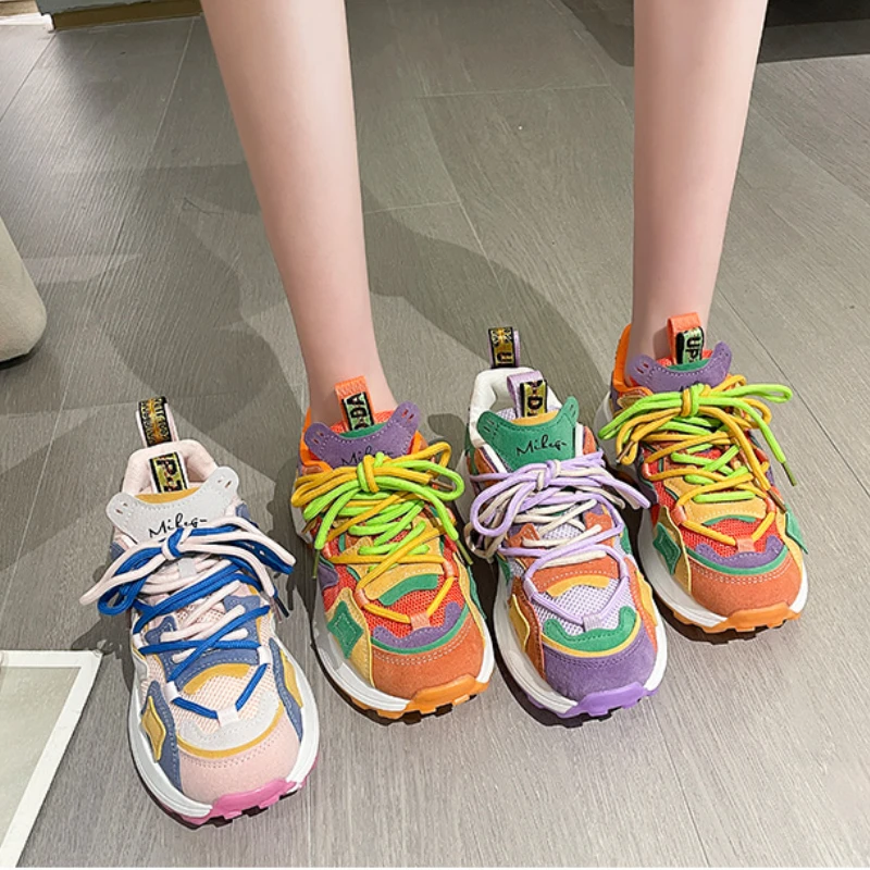 Women Fashion Rainbow Color Chunky Sneakers Women Autumn Platform Lace Up Sports Shoes Woman Mesh Breathable Non-slip Sneakers