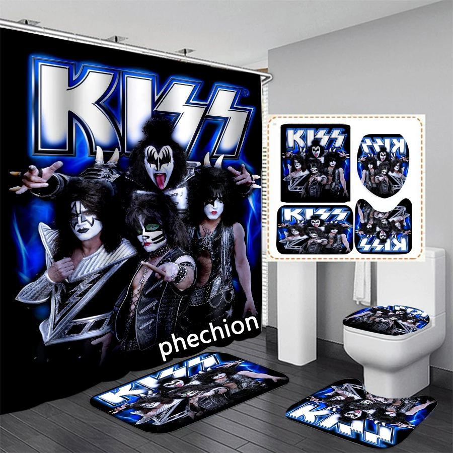 phechion Kiss Band 3D Print Waterproof Bathroom Shower Curtain Toilet Cover Mat Non-Slip Floor Mat (1/3/4Pcs) W74