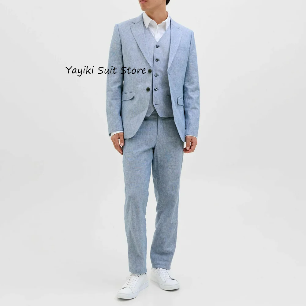 

Модные костюмы, повседневный классический мужской костюм для мужчин, комплект из трех предметов, стильный однобортный льняной тканевый костюм с клапанами и карманами, элегантный лацкан с вырезом