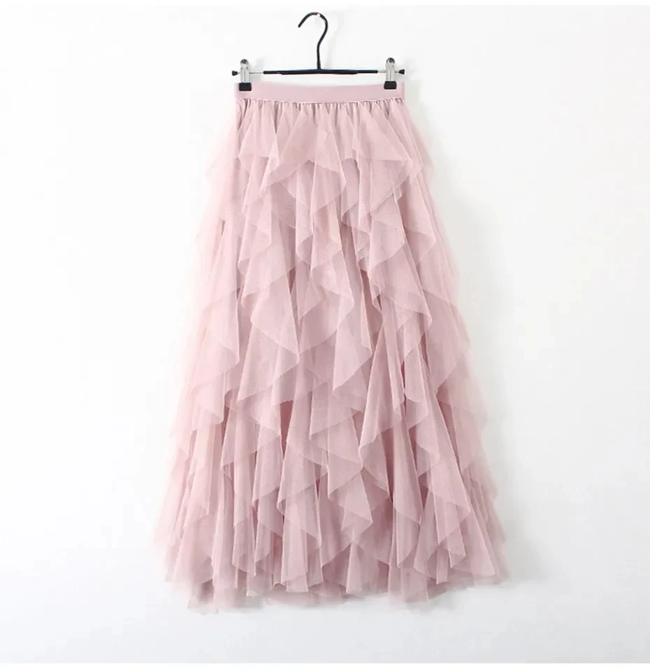 

2025 Spring and Summer New Womens Elastic High Waist Tulle Mesh Irregular Skirt gauze skirt pleated A-line Skirt in the long hi