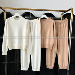 Fashion suit women 24 autumn and winter round neck cashmere soft comfortable knitted jumper + high waist drawstring trousers