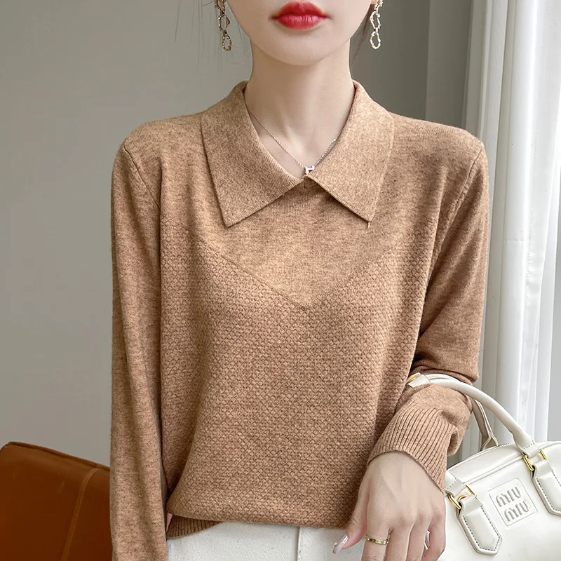 Autumn and winter new 100% pure wool women's polo neck solid color long sleeve sweater casual loose knit cashmere sweater.