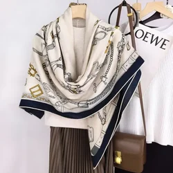 High-end Elegant Women Exquisite Chain Horse Double-sided Printed Quality Silk Wool Hand-rolled Edge Large Square Scarf Shawl