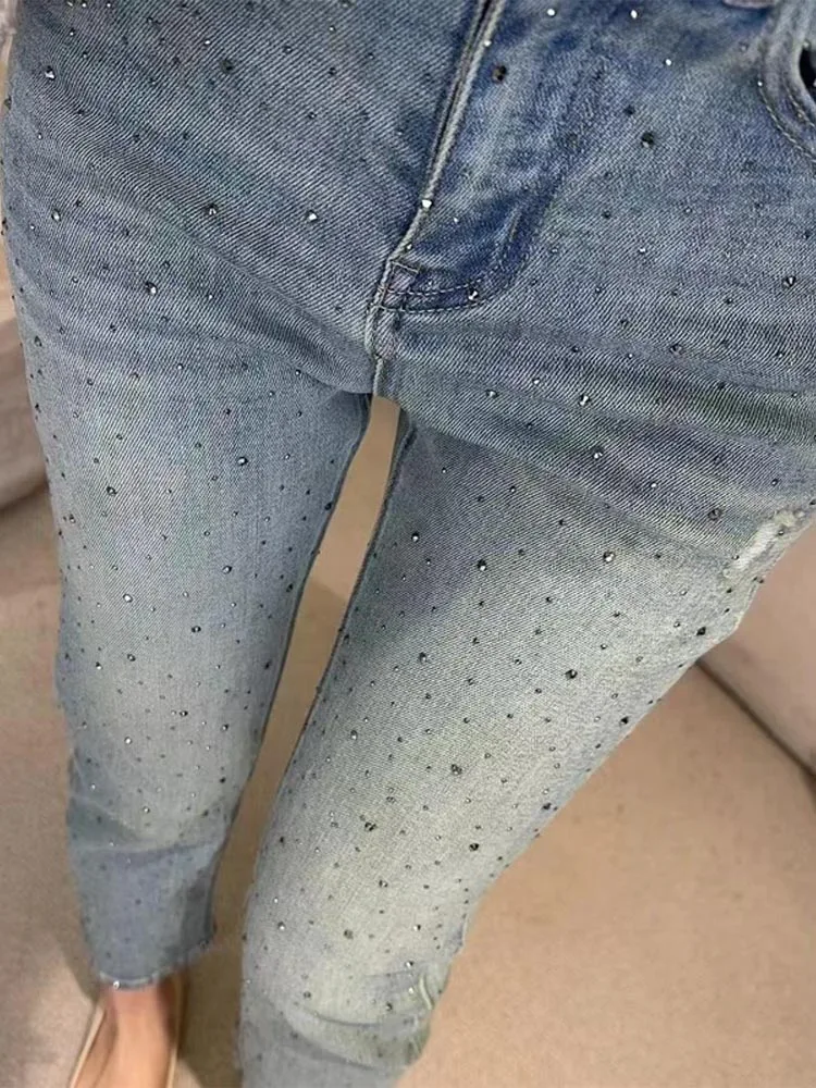 

Осень 2024, утягивающие эластичные тяжелые джинсы Du со стразами, девять трубок, прямые джинсы, женские универсальные джинсовые джинсы с высокой талией, синие