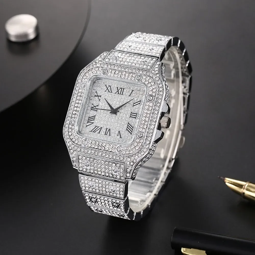 【2024 Luxe Edition】Roman Numeral Diamond Watch Full Rhinestone Mesh Band Luxury Square Quartz Watch for Women Gift Boxed