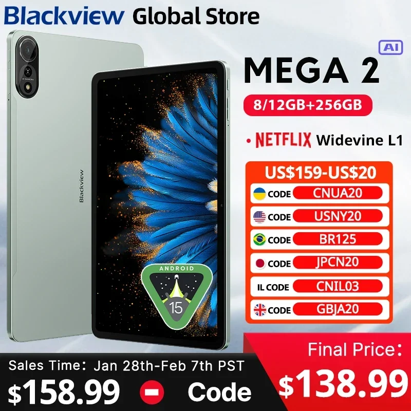 Планшеты Blackview MEGA 2 12-дюймовый дисплей 2K Widevine L1 Android 15 24 ГБ (8+16) 256 ГБ 9000 мАч аккумулятор AI основная камера планшет ПК