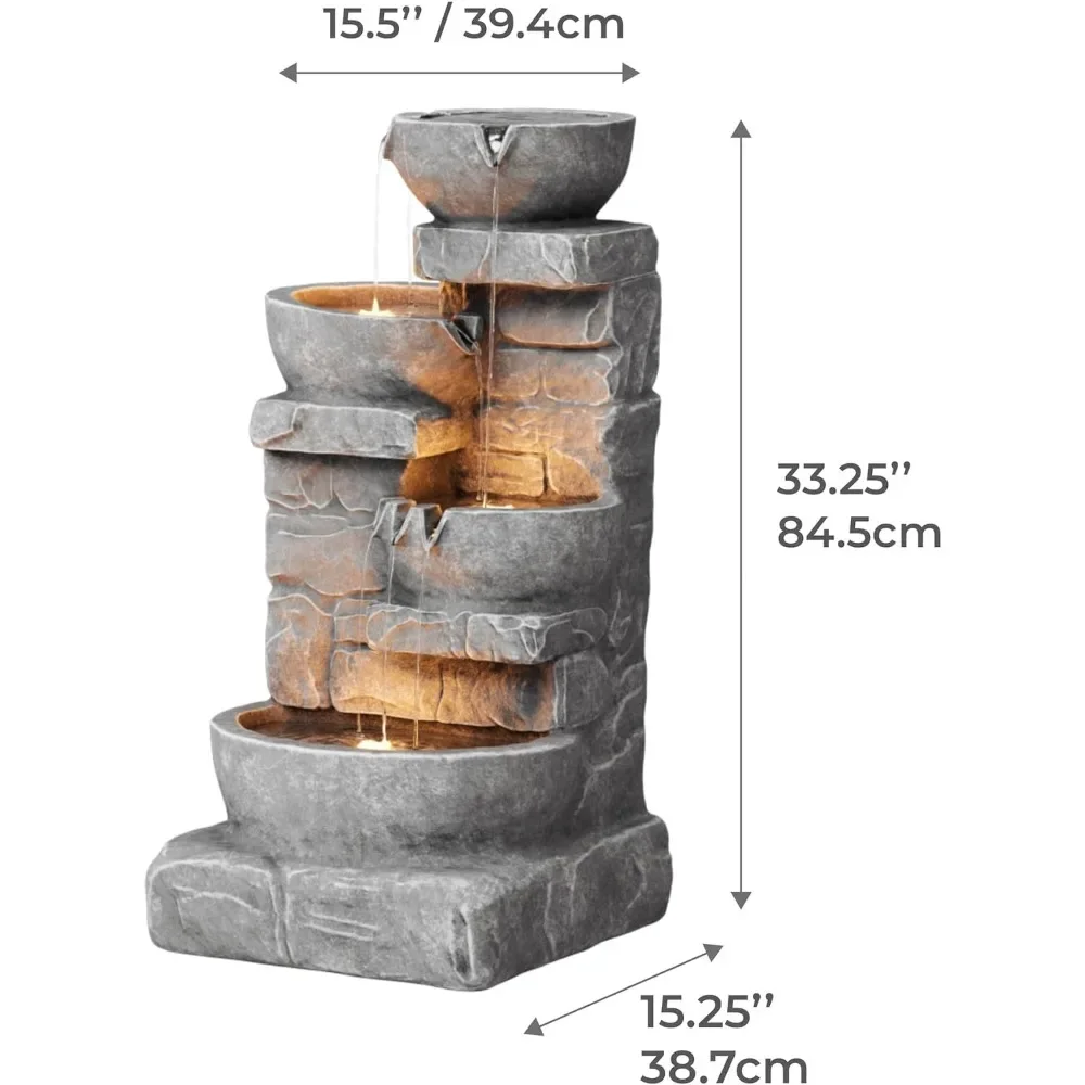 LED Outdoor Water Fountain, 4 Cascading Bowls and Stacked Stones Outdoors Fountains, 33.25 in Outdoor Fountain