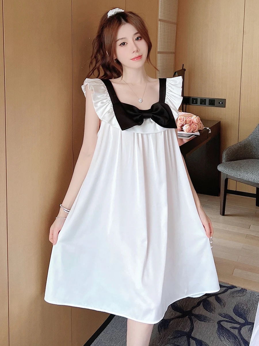 Summer New Ice Silk Sexy Large Size Elegant Lace Sweet Bow Home Wear Girls Square Collar A-line Ruffles Suspender NightDress