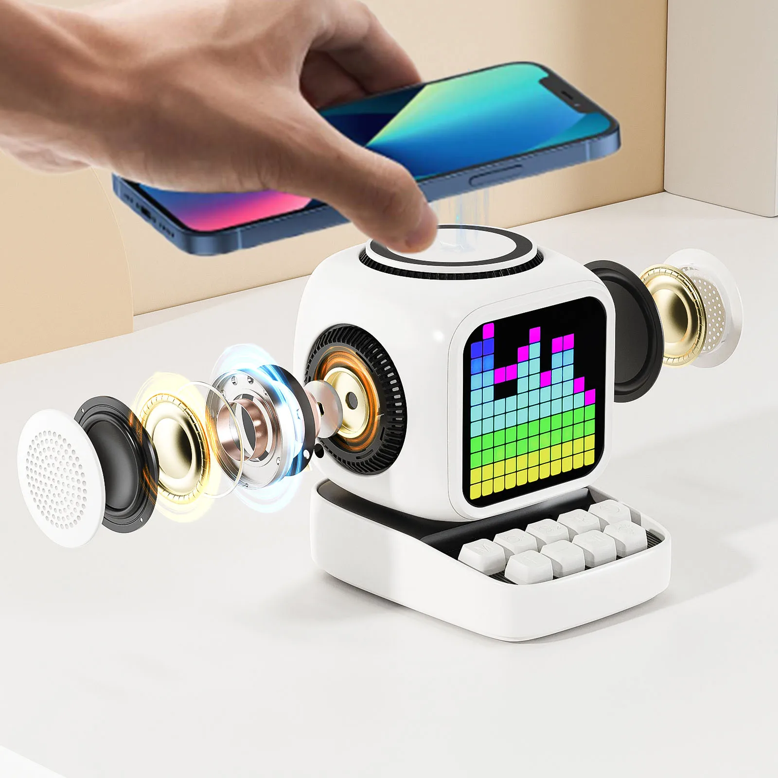 

Wireless Charger Stand Bluetooth Portable Speaker Alarm Clock LED Display Board Retro Pixel Art Cute Gift Home Light Decoration