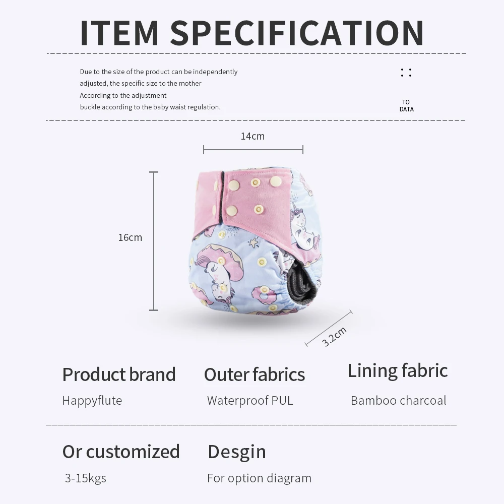 HappyFlute New Print 3-15Kg OS Adjustable Cloth Diaper Bamboo Charcoal Inner Pocket Diaper Waterproof Reusable Baby Nappy