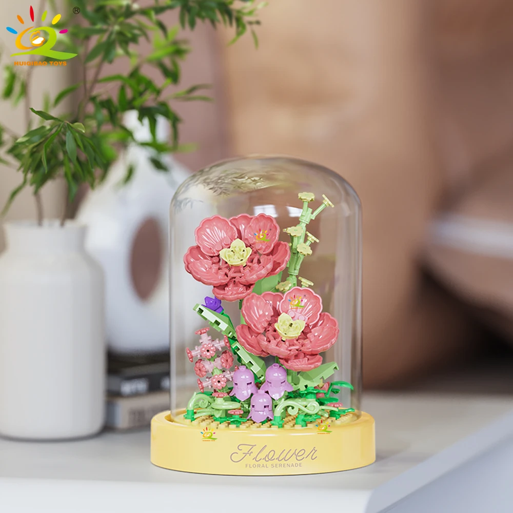 HUIQIBAO MOC Flower Display Box Micro Building Block MOC Mini Flower Mini Diamond Model Brick Toy for Children Desk Decoration