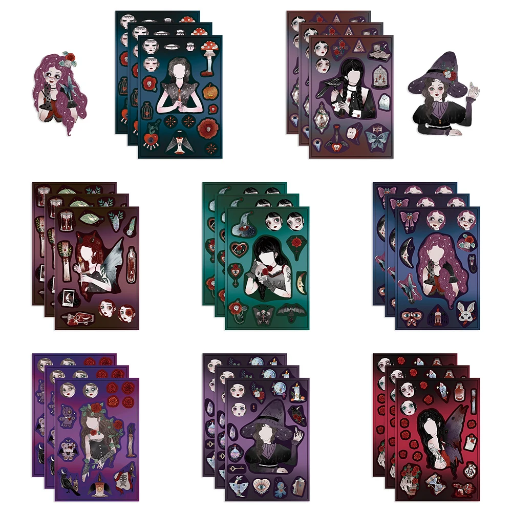 8/16 Vellen Horror Gothic Meisjes Cartoon Puzzel Stickers Maken Een Gezicht Kinderen Diy Leuk Monteren Puzzel Decals Kids Party Versiering