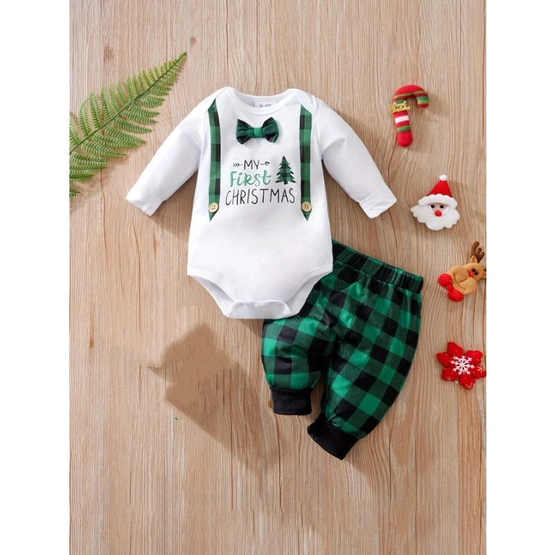 

Рождественский наряд для маленьких мальчиков и девочек, моя первая рождественская одежда для младенцев, комбинезон джентльмена, красные клетчатые штаны, уличная ткань от 0 до 18 месяцев