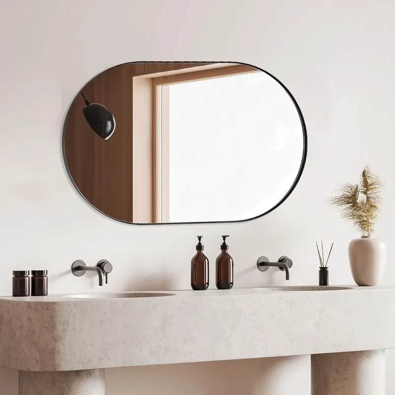 Large Oval Black Bathroom Vanity Mirror, 30x40 Inch, Stainless Steel Metal Frame, Shatterproof Glass, Wall Mounted