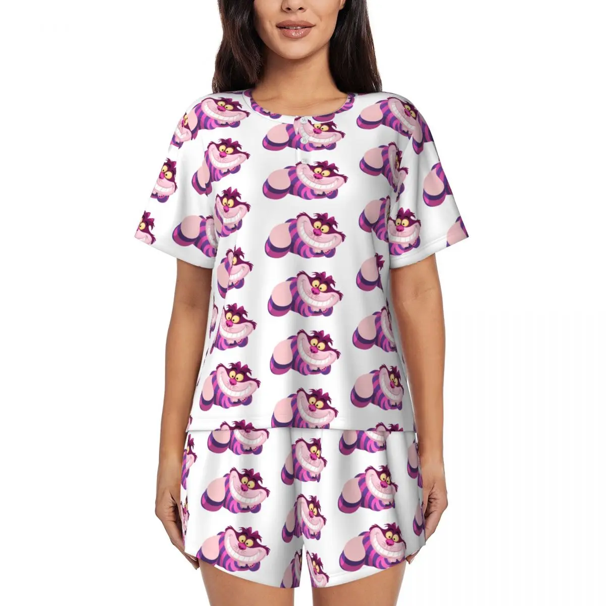 

Custom Alice In Wonderland Cheshire Cat Pajamas Set Women 2-Piece Short Sleeve Sleepwear Loungewear PJ Shorts Sets