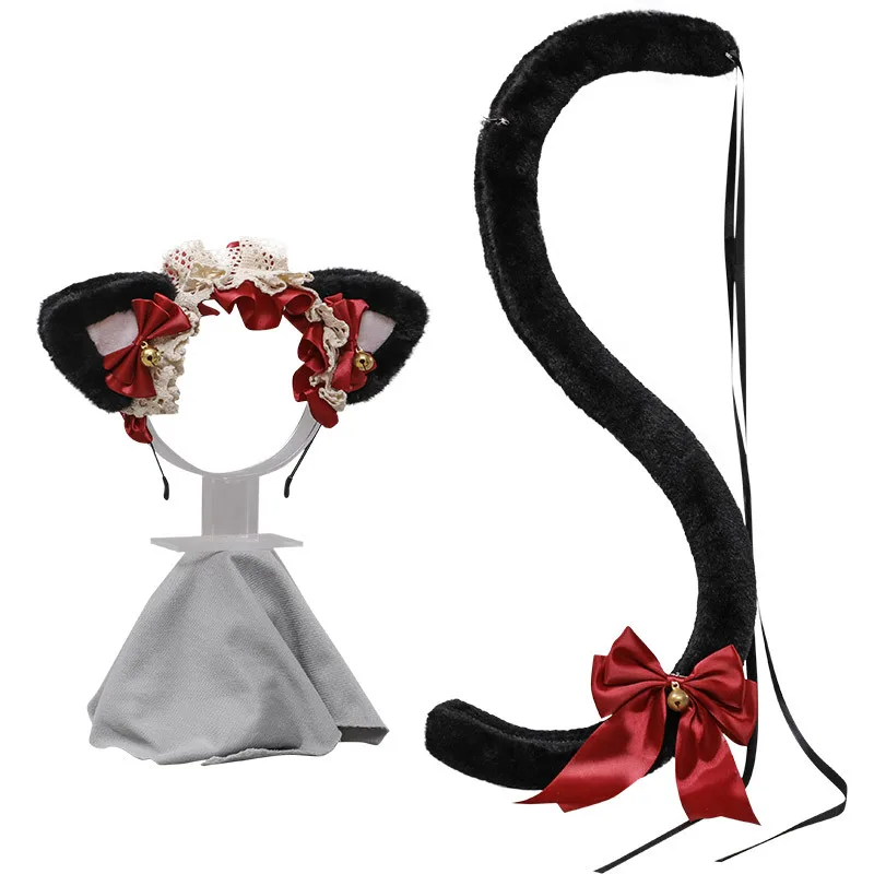 Lolita Hair headband Accessories Lace bow Cat ears Headband cat tail set