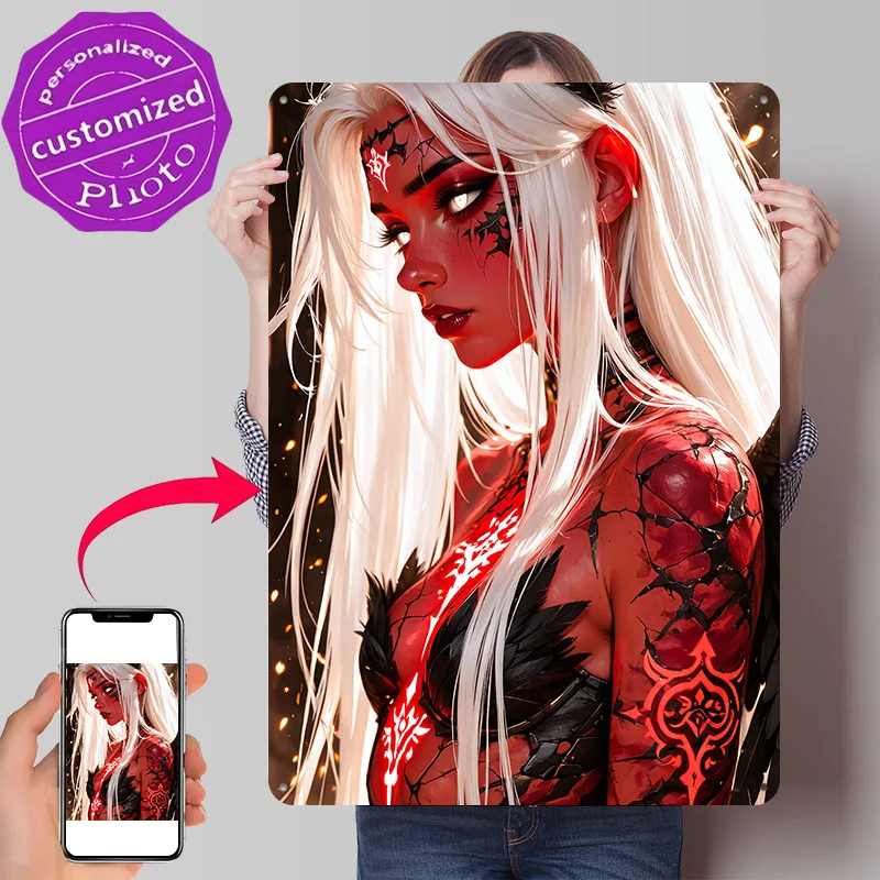 Red-skinned Demon Woman With White Hair Metal Poster Perfect Gift for Fans Lovers Personalized Wall Art Metal Sign for Wand Deko