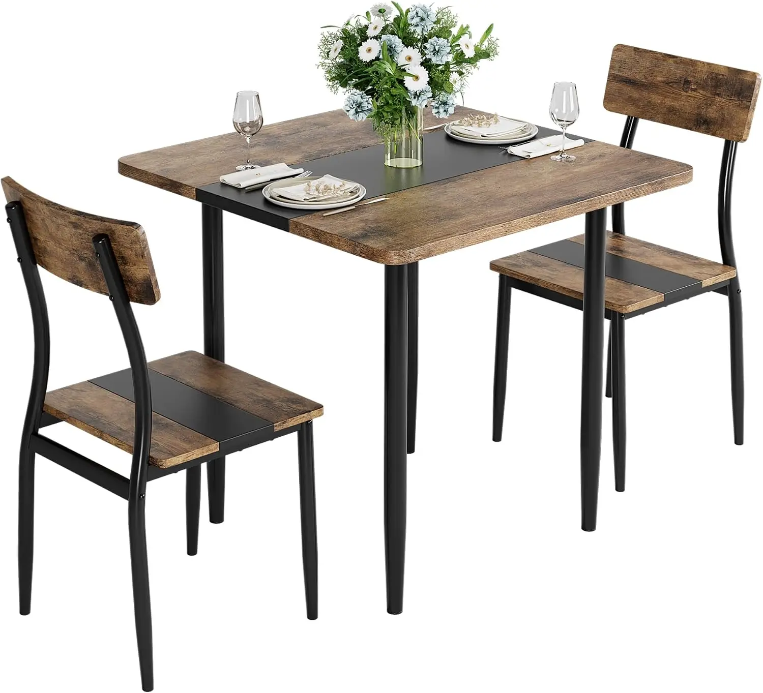 3 Piece Dining Table Set For 2 With Chairs, Kitchen Table Set With Metal Frame Two Tone Splicing Desktop Design, Space Saving For Apartment Kitchen Dining Room