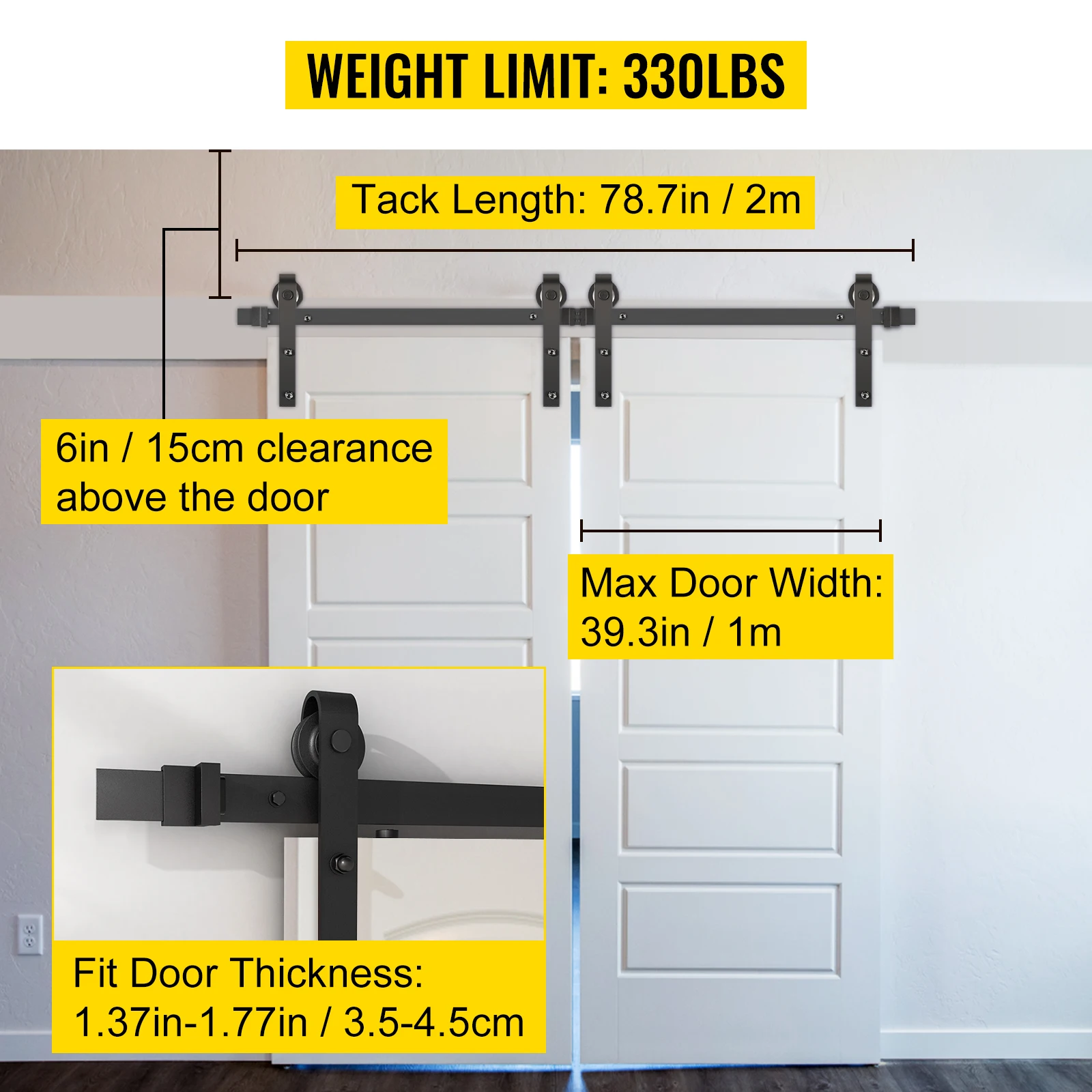 VEVOR Kit Attrezzo di Binario per Porta Scorrevole Capacità di Carico Max.150kg in Acciaio al Carbonio 152cm, Set di Ferramenta Guide Scorrevole per Porta da Esterno Interno in Acciaio.