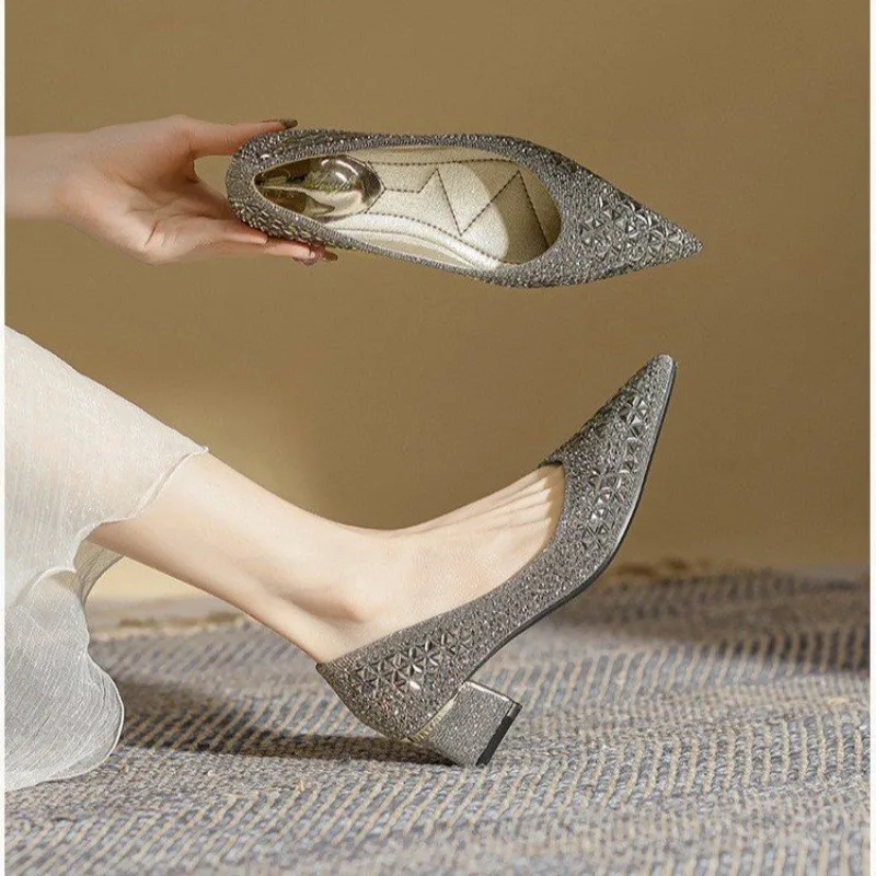 Glitter Crystal Rhinestone Women Pumps Hollow Cutout Pointed Toe Low Block Heel Slip‑On Wedding Guest Prom Party Dress Heels