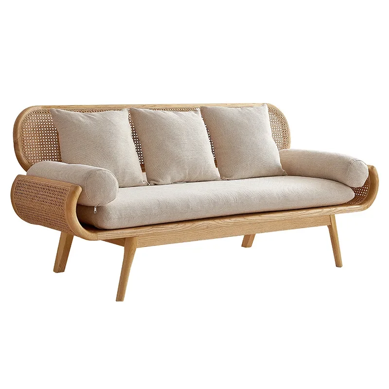 Canapé double tissé en rotin rétro en bois nordique, chaise de loisirs pour la maison, salon, petit appartement pour trois personnes