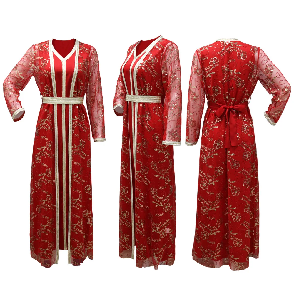 

Moroccan Caftan 2 Pieces Set Muslim Dubai Abaya Kaftan for Wedding Women Sequins Long Dress Kebaya Islam Jalabiya Femme Robe Set