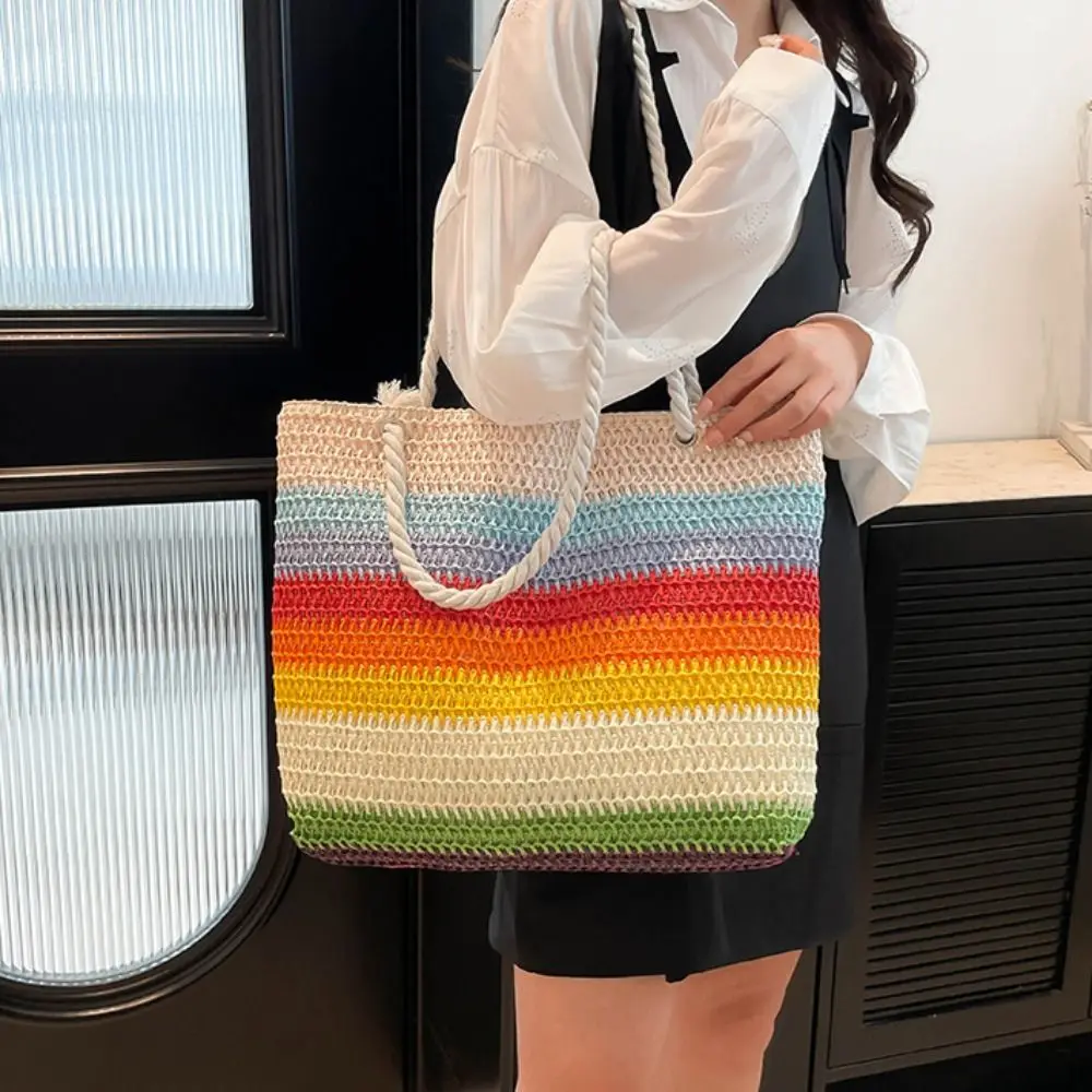

Fashion Beach Handbag Strip Weave Bag Large Capacity Lazy Style Rainbow Beach Bag Bohemian Style Hollow Tote Bag Spring