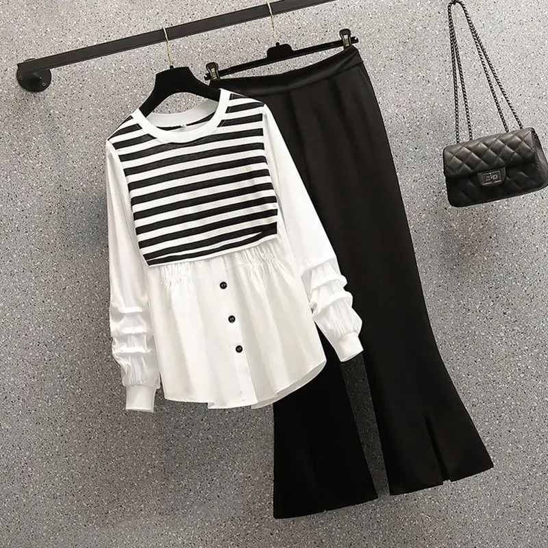 Stripe Stitching Pleated Chiffon Shirt Casual Wide Leg Pants Two-piece Elegant Women\'s Pants Set Street Casual Outfits