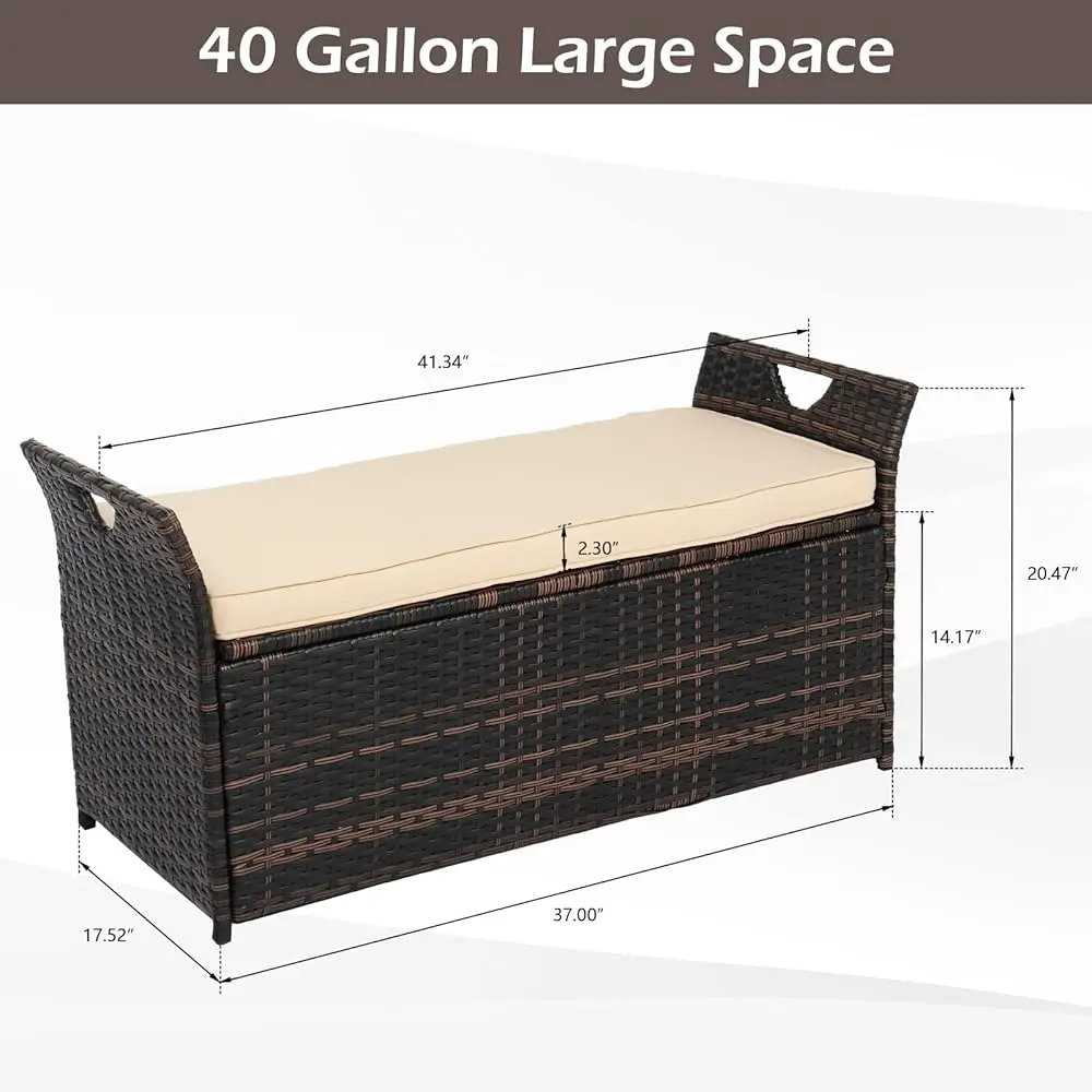 40 Gallon Outdoor Rattan De Box W/Cushion, Patio Wicker Storage Box For Tools And Supplies, Garden De Storage Bin For Balcony,