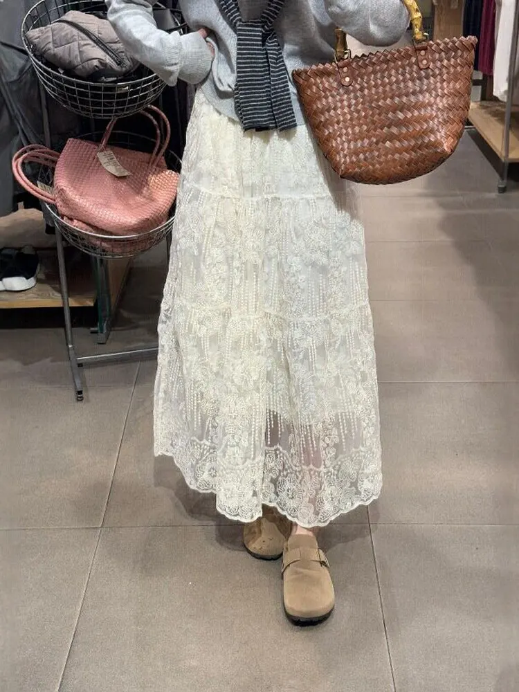 

Lace Mesh A-Line Long Skirt Women's Spring Summer Autumn plus Size Pear Body Shape Hip Covering Slimming Design High Waist Skirt