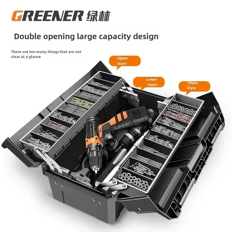 Green Forest Large Three-Layer Foldable Toolbox Multi-function Handheld Maintenance Art Storage Box Electrician A