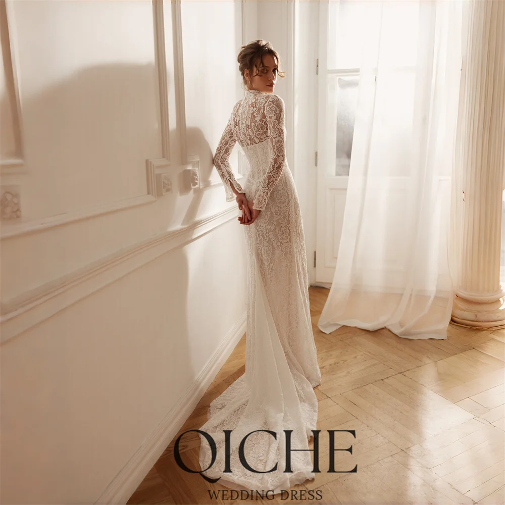 QICHE Luxury Lace Mermaid Wedding Dresses Long Sleeve High Collar High Slit Pleat Formal Party Gown Vestidos De Noiva Customized