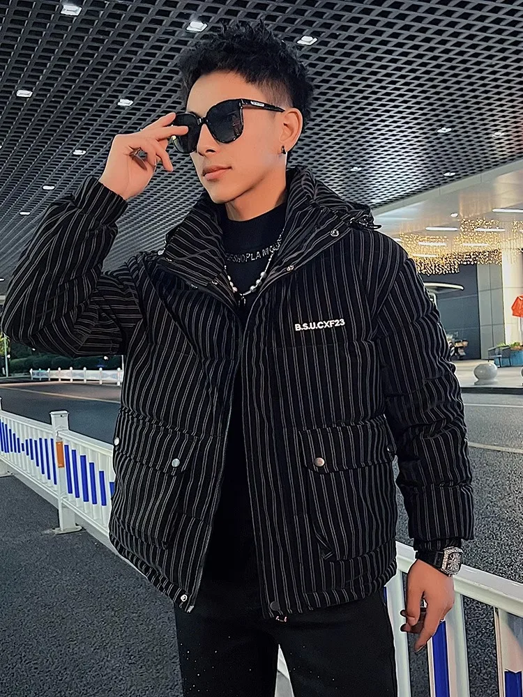 Winter Leather Jacket Men Fashion Striped Hooded Puffer Thick Parkas Thickened and Warm Cotton Jackets Casual Hiphop Overcoat