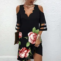 Summer V Neck Dress Women Casual Off Shoulder Lace Mesh Patchwork Beach Dress Elegant Floral Print Black Party Mini Dress Robe