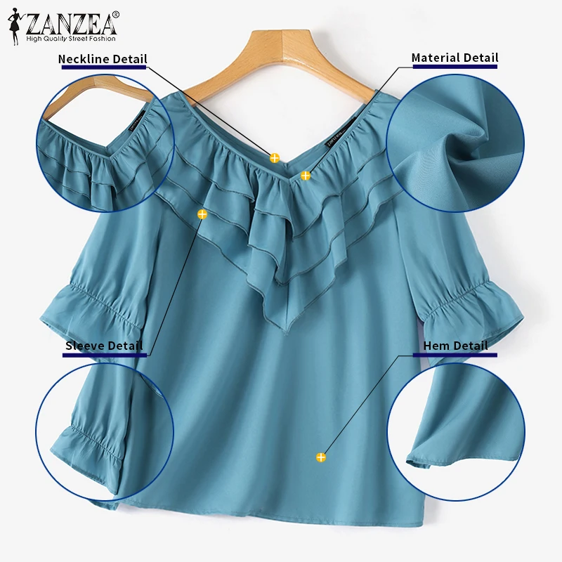 ZANZEA 2026 été chemisier à volants femmes solide Vintage 3/4 manches col en v Chemise bureau chemises en mousseline de soie décontracté ample élégant hauts