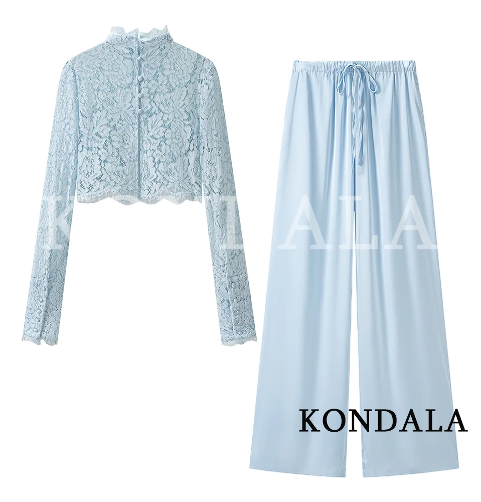 KONDALA Women Elegant Chic Pants Set Blue Lace See-through Short Tops, Drawstring Wide Leg Pants 2026 Summer Trendy Holiday Set image 3