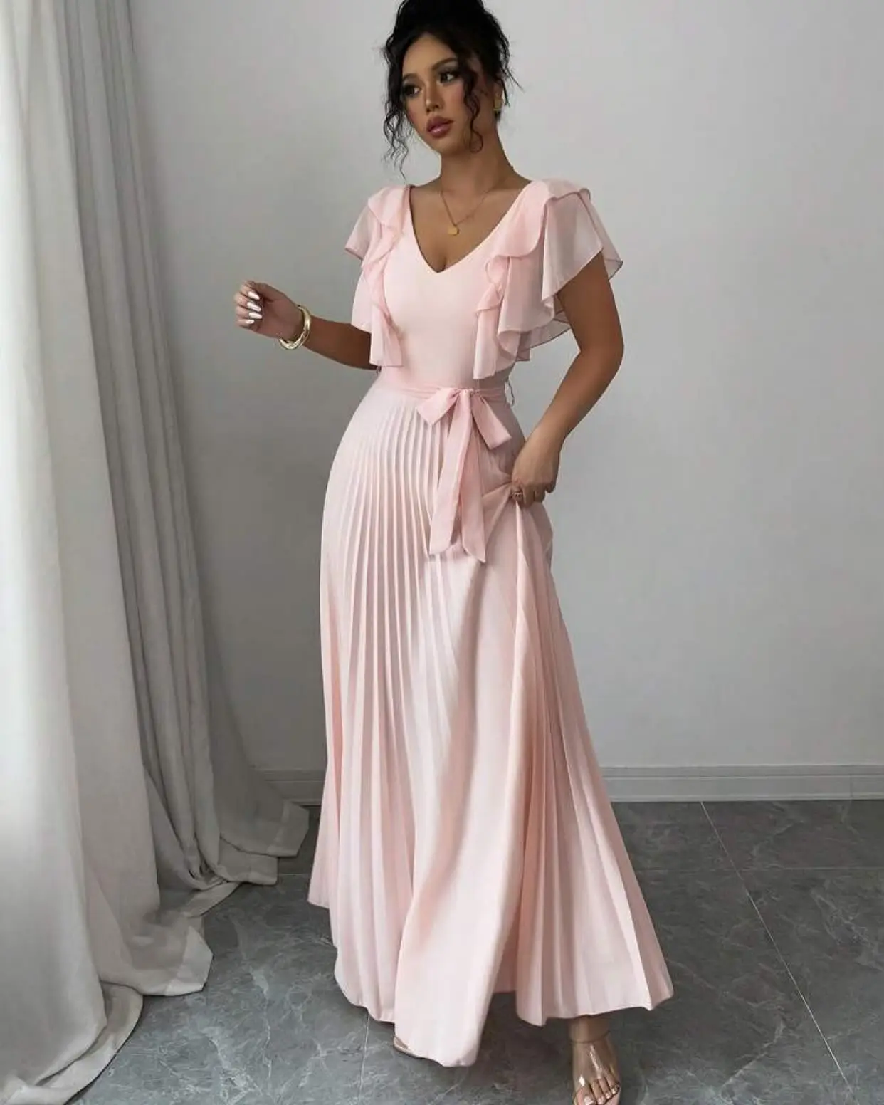 

Customized Delicate V-Neck Short Sleeves Belt Evening Dresses Temperament Chiffon Pleats Vestido De Festa Vestido De Noche