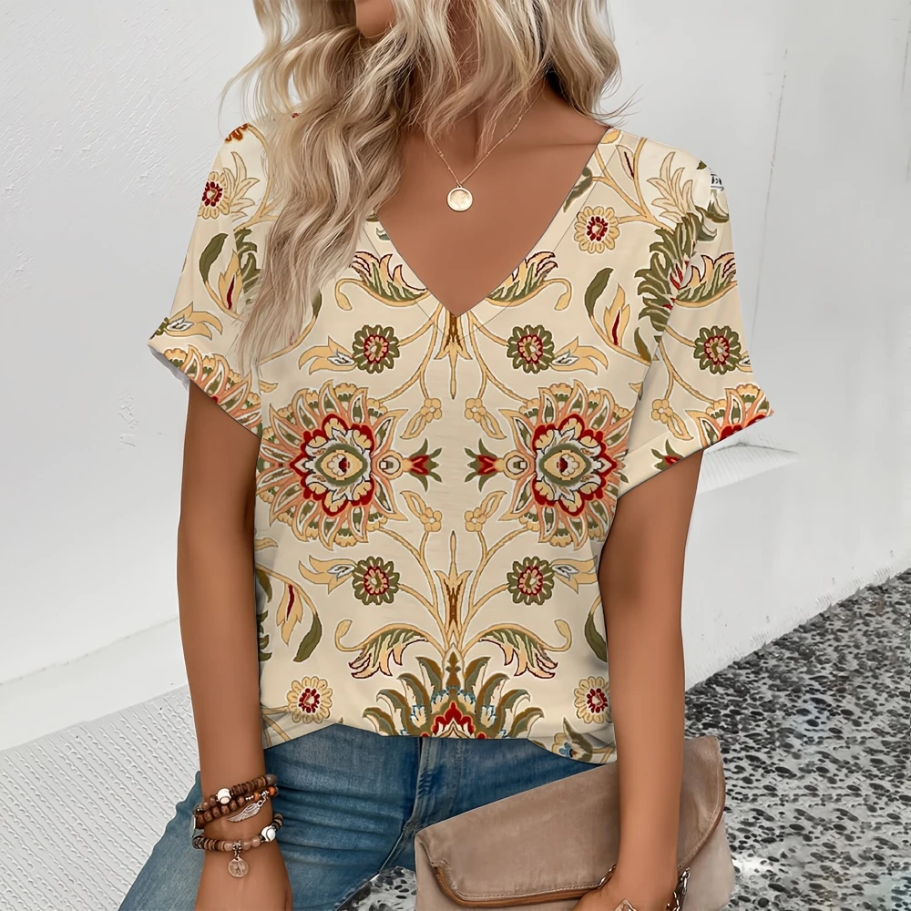 

Fashion Floral Pattern Popular Women's Print T-Shirt Elegant Women's V-Neck T-Shirtretro Leisure Women's Short Sleeve T-Shirt