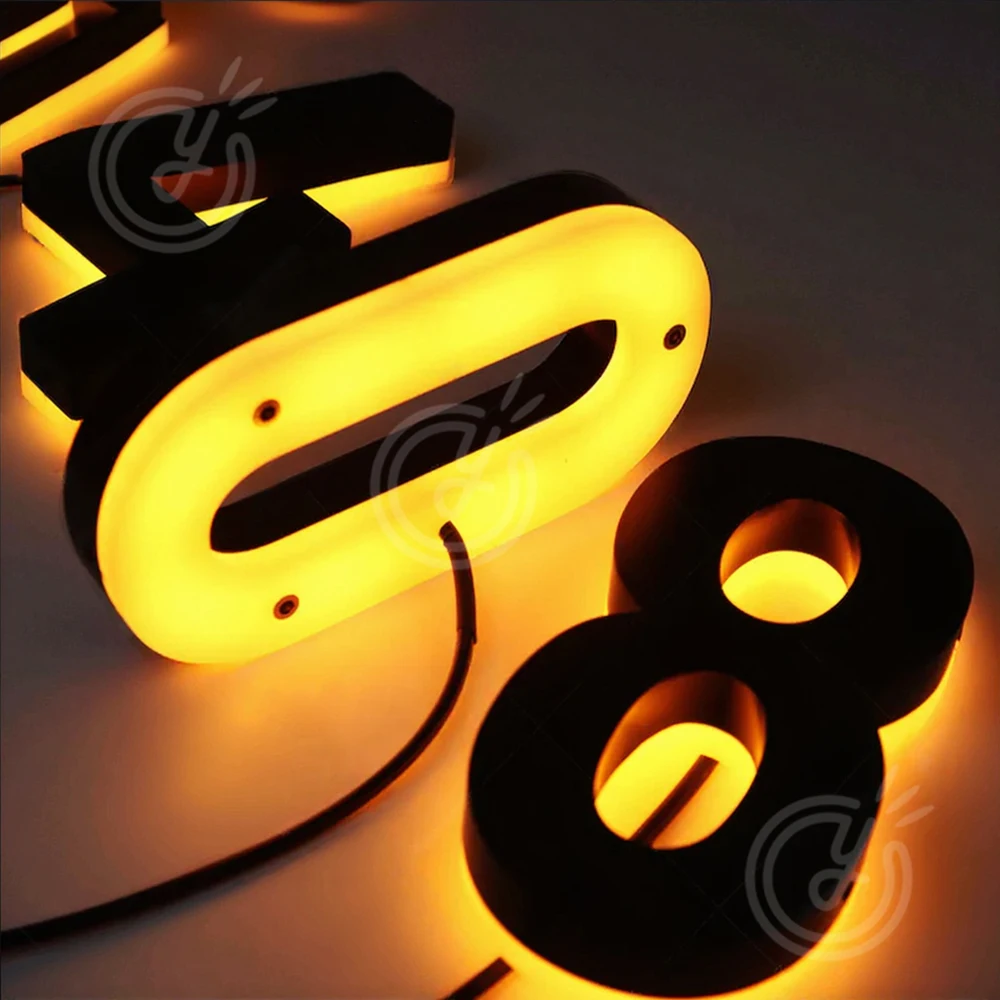 رقم المنزل المخصص في الهواء الطلق ثلاثية الأبعاد LED رسائل معدنية تسجيل لواجهة متجر الأعمال في الهواء الطلق مقاوم للماء علامات الباب الخلفية مضيئة