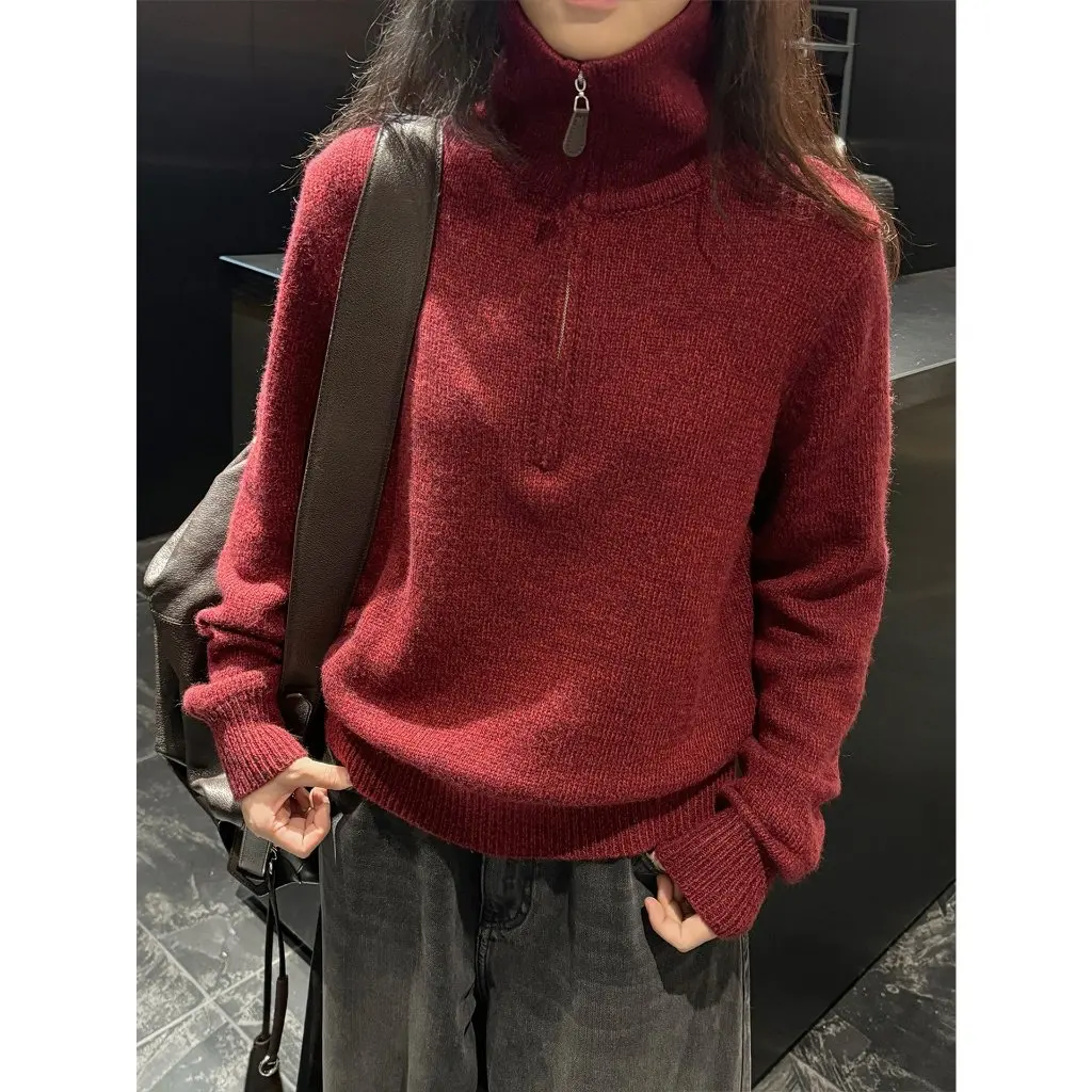 

Women's Winter Thick Warm Wool Sweater Half Zip Turtleneck Fashionable Korean Style Slim Fit Top by Lou Fu